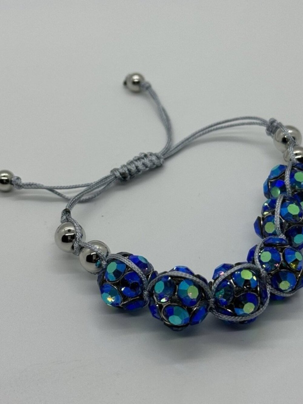Blue AB Crystal Beaded Adjustable Cord Bracelet Silver tone Rhinestone NWT